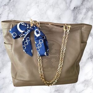 Tory Burch Large Taupe Leather Bucket Style Tote Bag